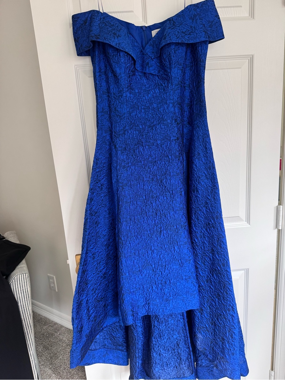 Rickie Freeman for Teri Jon Off-Shoulder Jacquard Midi Dress - Cobalt Blue